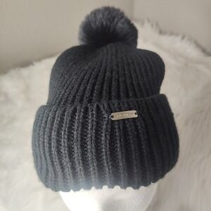 Steve Madden Black Knit Beanie Hat with Black Pom Pom Women